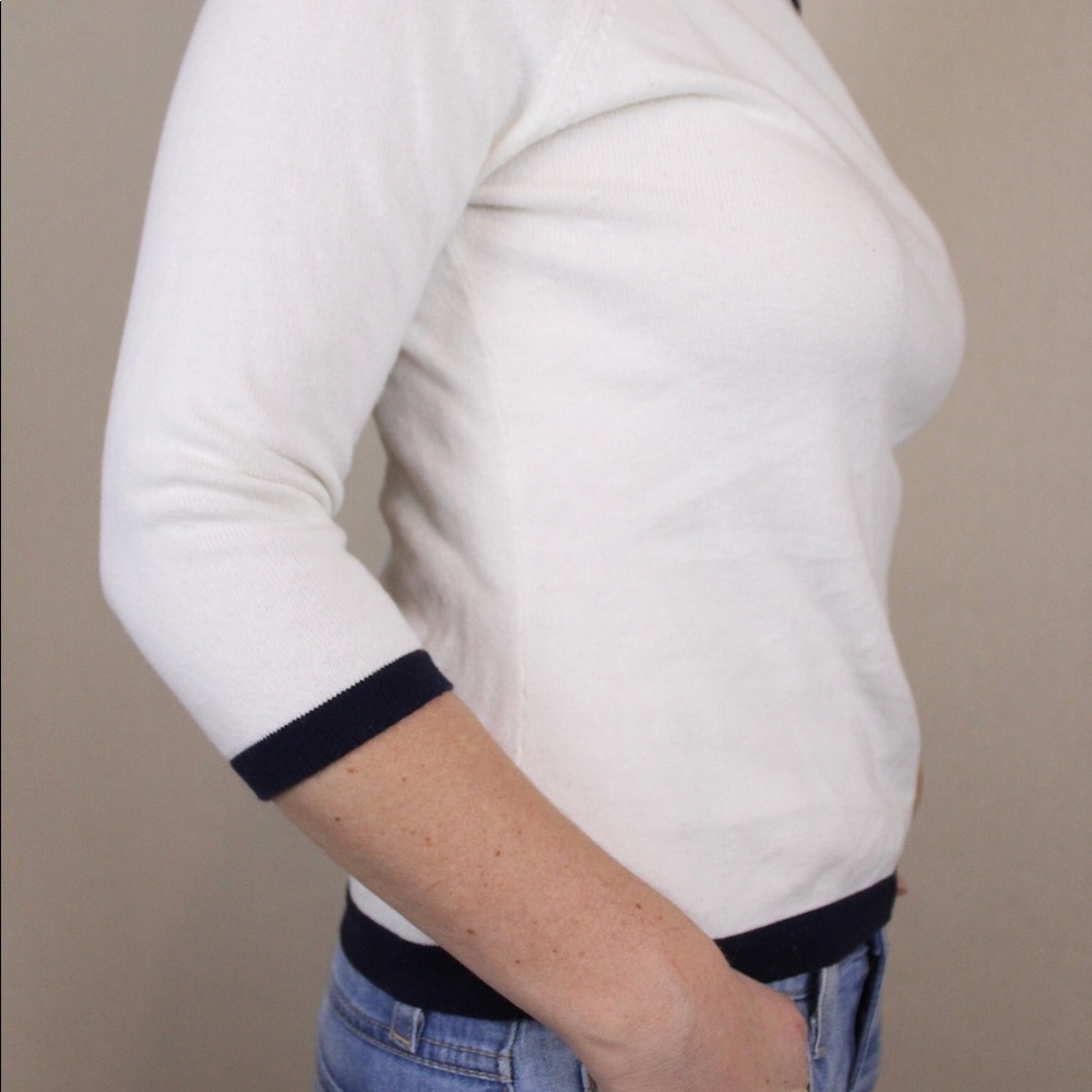 White sweater with navy accents - super comfy!